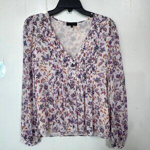 1.STATE Floral Blouse XS Ivory Purple Orange Long Sleeve V Neck Button Pintuck